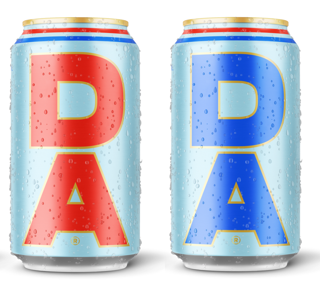 Two Da Beer cans side by side, one in red text, the other in blue.